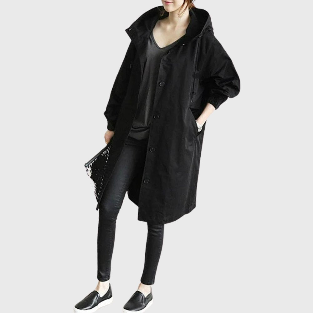 Women's Oversized Waterproof Trench Coat Hood and Stand Collar – Black