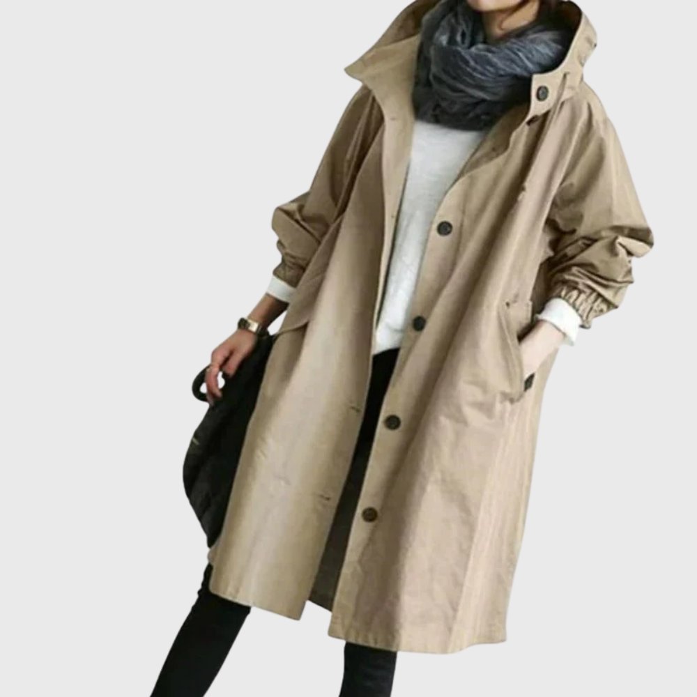 Women's Oversized Waterproof Trench Coat Hood and Stand Collar – Brown