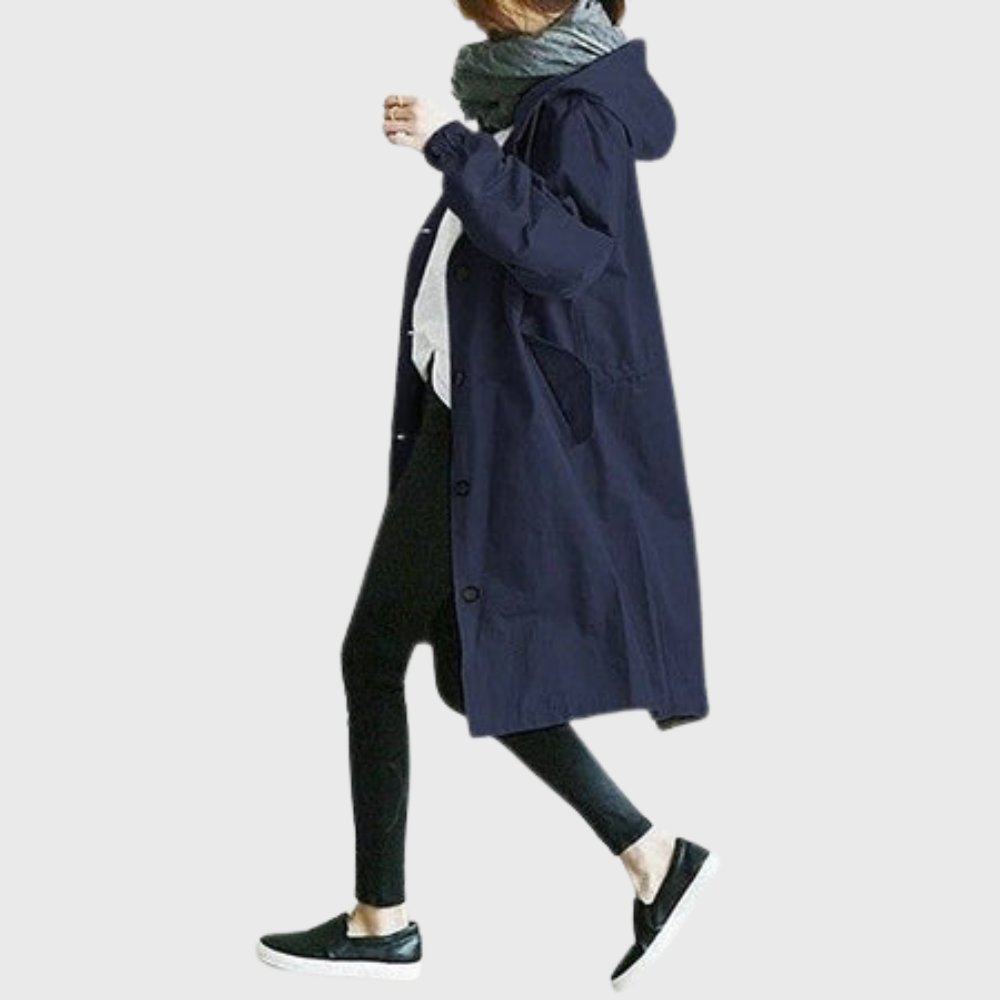 Women's Oversized Waterproof Trench Coat Hood and Stand Collar – Blue