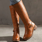 Women's Leather Knee-High Riding Boots with Ankle Buckle – Brown