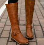 Women's Leather Knee-High Riding Boots with Ankle Buckle
