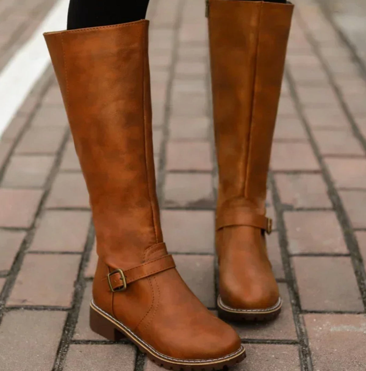 Women's Leather Knee-High Riding Boots with Ankle Buckle