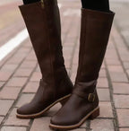 Women's Leather Knee-High Riding Boots with Ankle Buckle