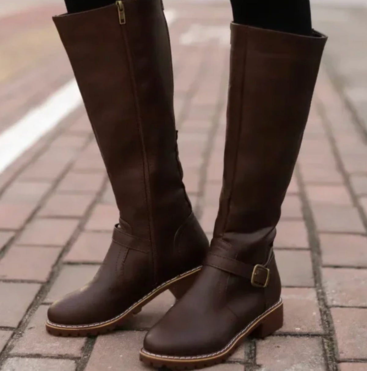 Women's Leather Knee-High Riding Boots with Ankle Buckle