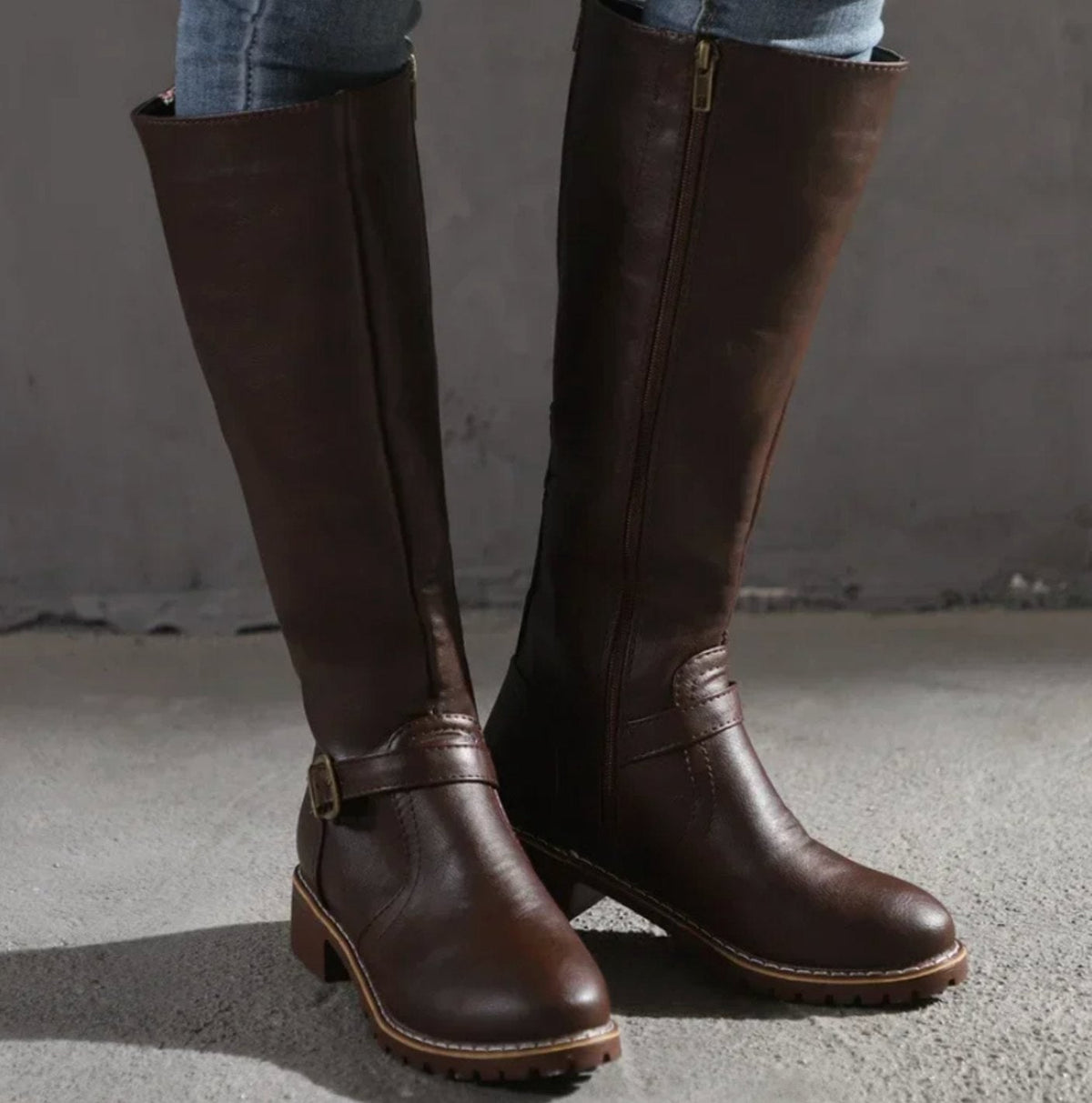 Women's Leather Knee-High Riding Boots with Ankle Buckle – Dark Brown