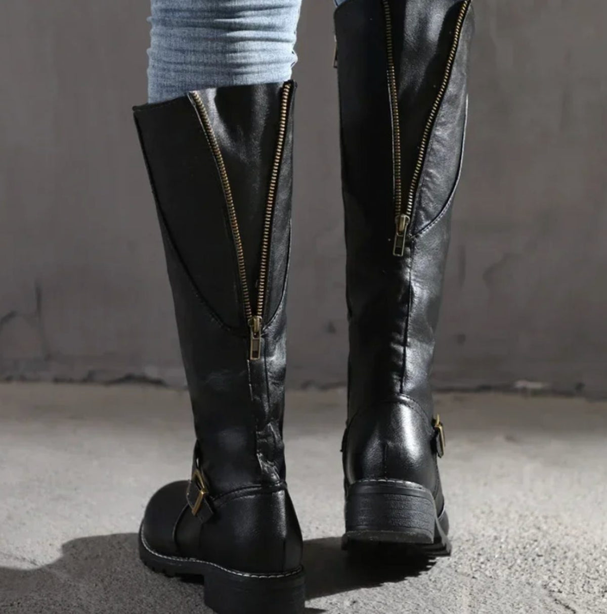 Women's Leather Knee-High Riding Boots with Ankle Buckle – Black