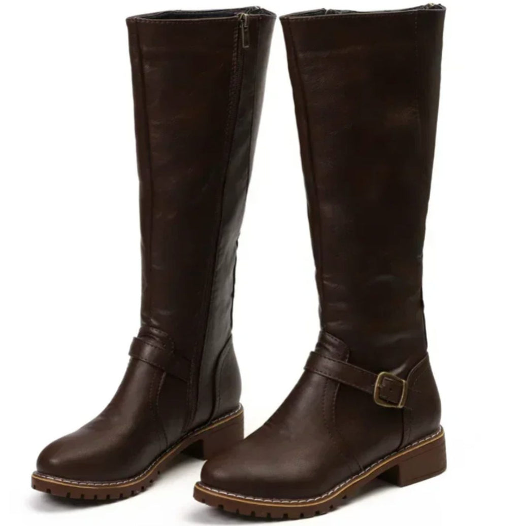 Women's Leather Knee-High Riding Boots with Ankle Buckle
