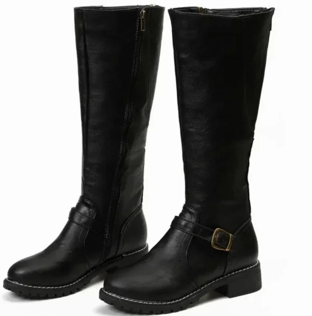 Women's Leather Knee-High Riding Boots with Ankle Buckle