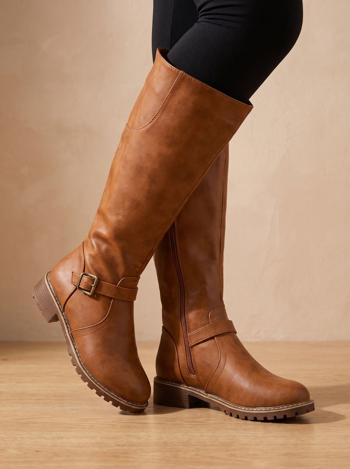 Women's Grip Sole Tall Riding Boots with Ankle Buckle