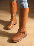 Women's Grip Sole Tall Riding Boots with Ankle Buckle - Brown