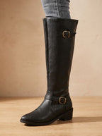 Women's Equestrian Tall Boots with Gold-Tone Buckles and Low Heel - Black