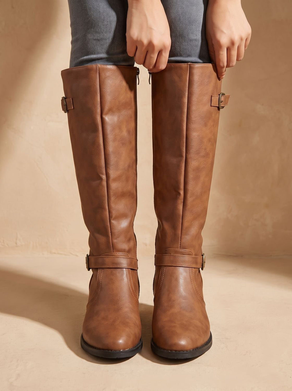 Women's Equestrian Tall Boots with Gold-Tone Buckles and Low Heel