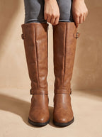Women's Equestrian Tall Boots with Gold-Tone Buckles and Low Heel
