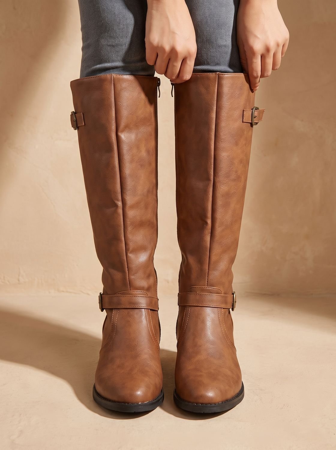 Women's Equestrian Tall Boots with Gold-Tone Buckles and Low Heel
