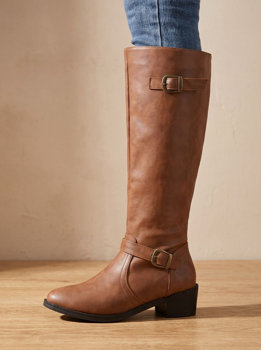 Women's Equestrian Tall Boots with Gold-Tone Buckles and Low Heel