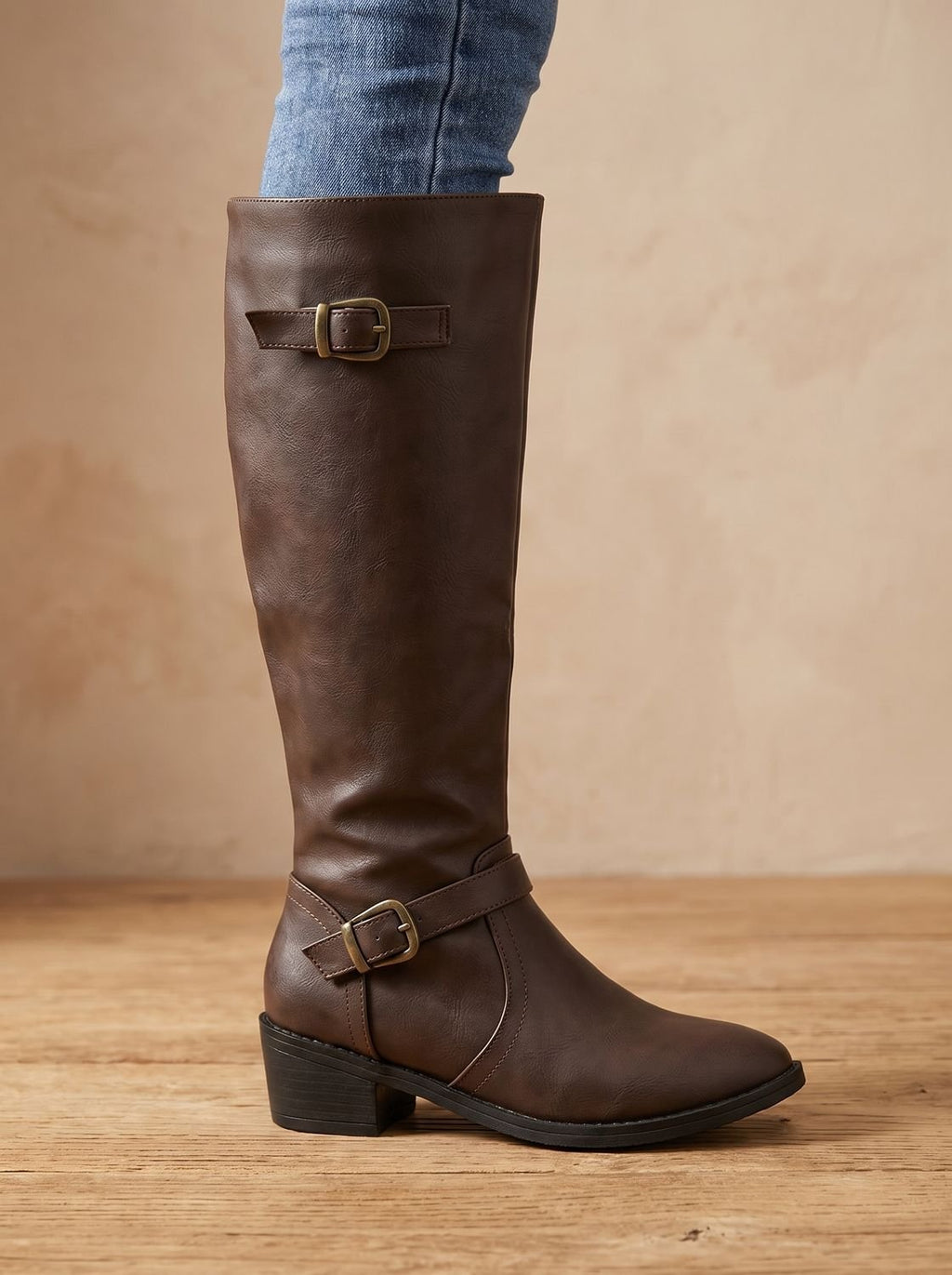 Women's Equestrian Tall Boots with Gold-Tone Buckles and Low Heel