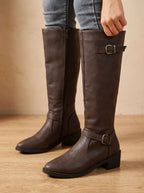 Women's Equestrian Tall Boots with Gold-Tone Buckles and Low Heel