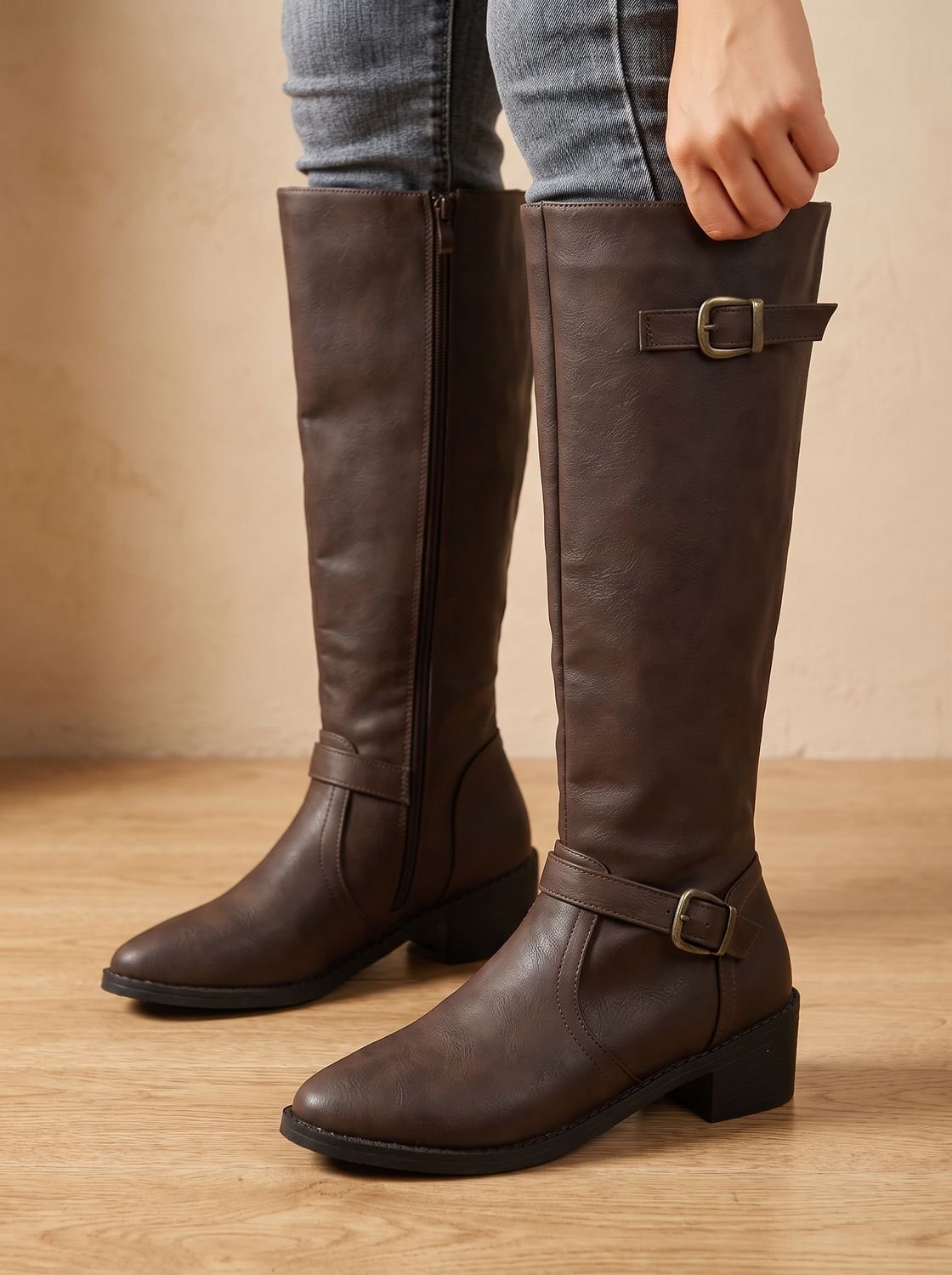 Women's Equestrian Tall Boots with Gold-Tone Buckles and Low Heel