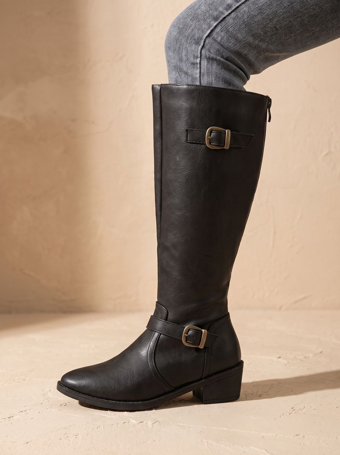 Women's Equestrian Tall Boots with Gold-Tone Buckles and Low Heel