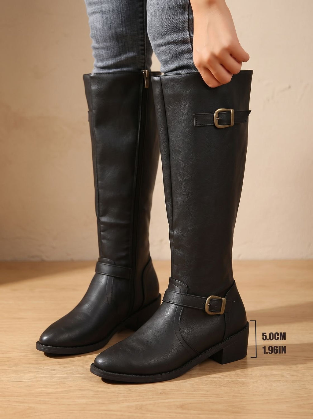 Women's Equestrian Tall Boots with Gold-Tone Buckles and Low Heel