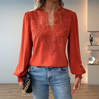 Women's Long Sleeve Blouse with Lace Bodice and Smocked Cuffs – Terracotta