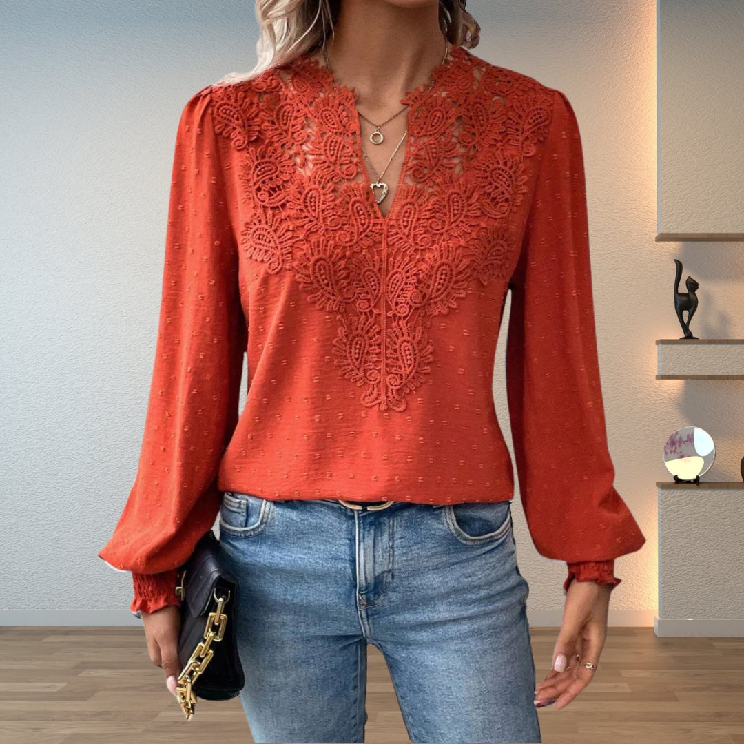Women's Long Sleeve Blouse with Lace Bodice and Smocked Cuffs – Terracotta