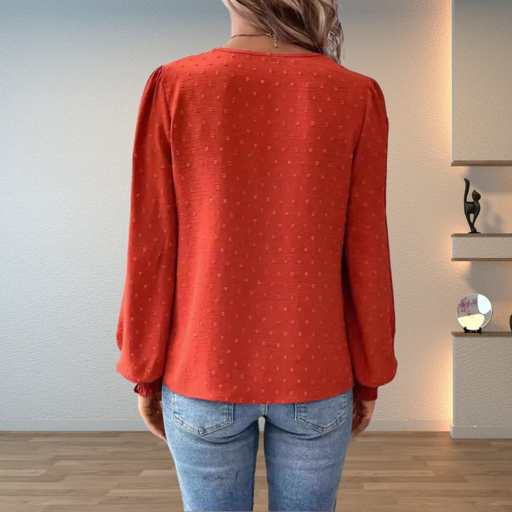 Women's Long Sleeve Blouse with Lace Bodice and Smocked Cuffs