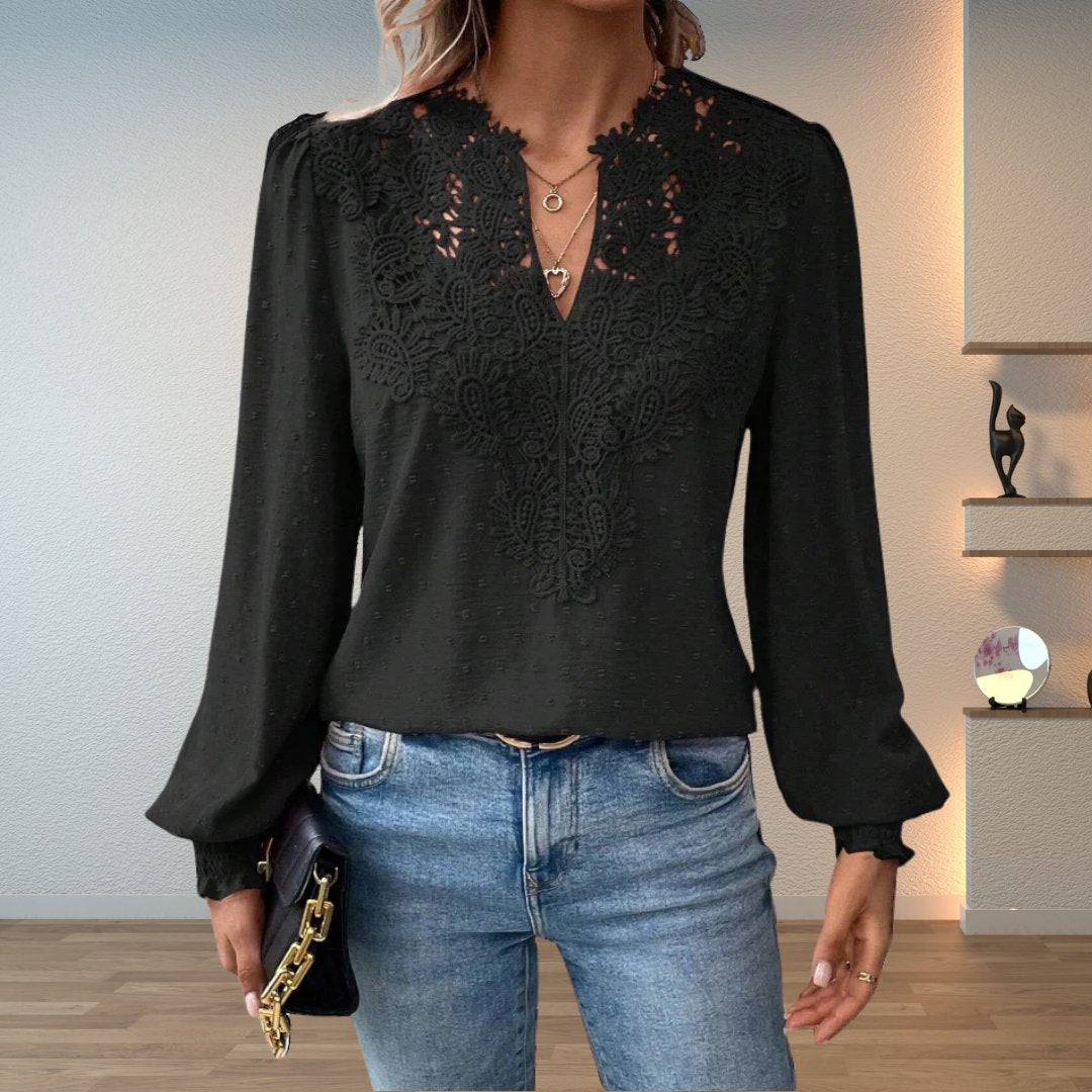 Women's Long Sleeve Blouse with Lace Bodice and Smocked Cuffs – Black