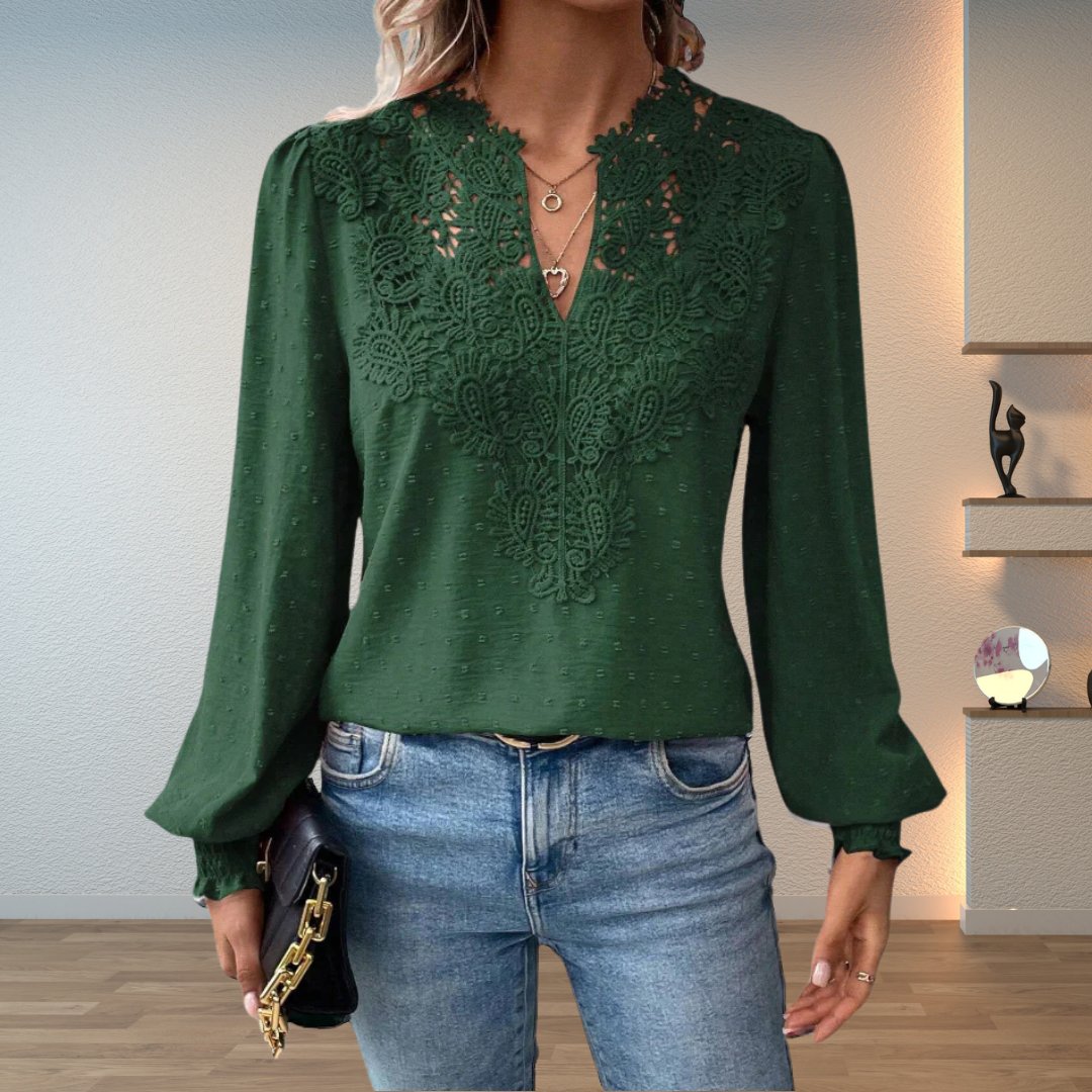 Women's Long Sleeve Blouse with Lace Bodice and Smocked Cuffs – Dark Green
