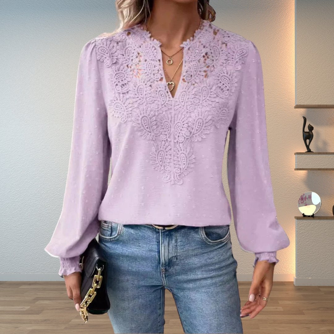 Women's Long Sleeve Blouse with Lace Bodice and Smocked Cuffs – Light Purple