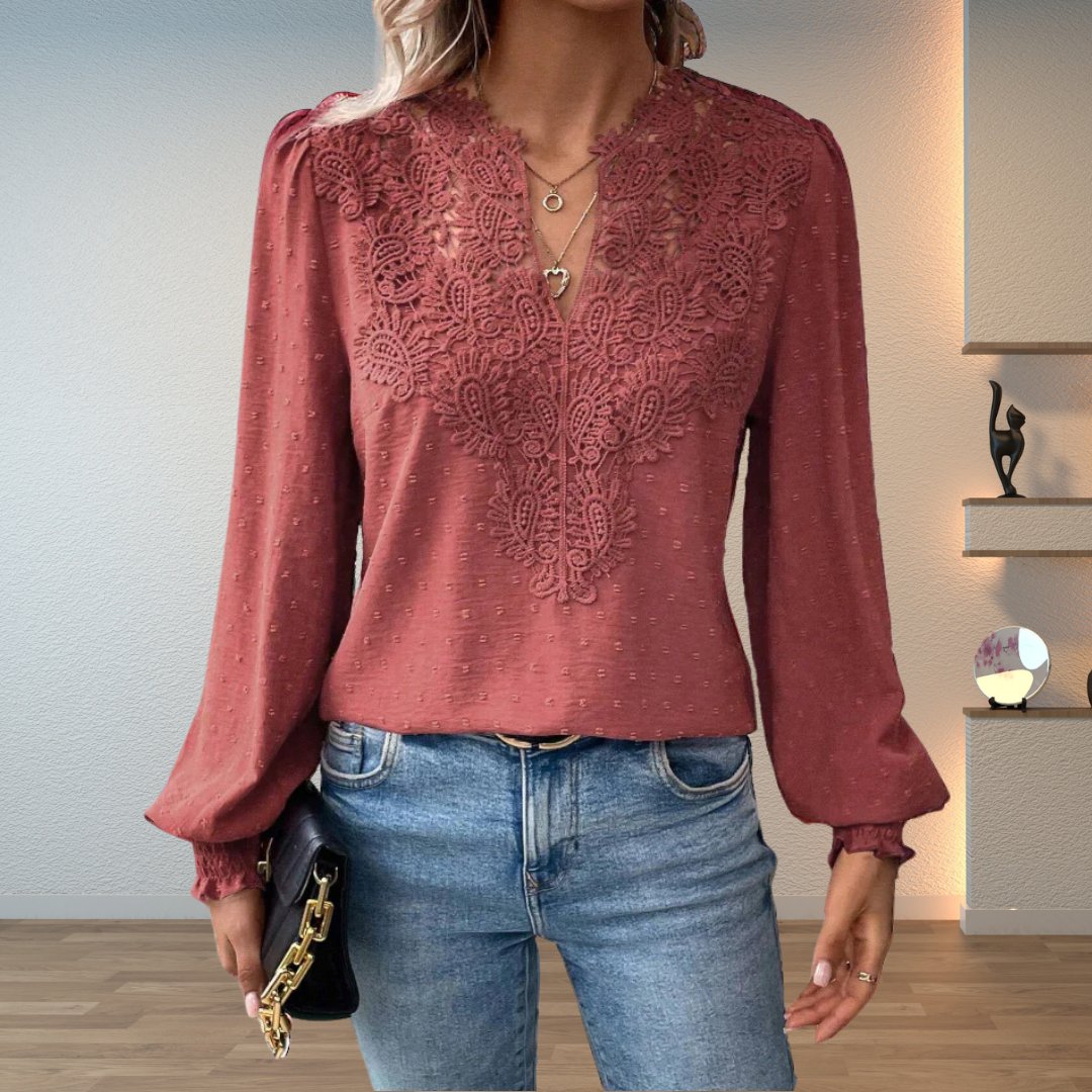 Women's Long Sleeve Blouse with Lace Bodice and Smocked Cuffs – Dusty Pink