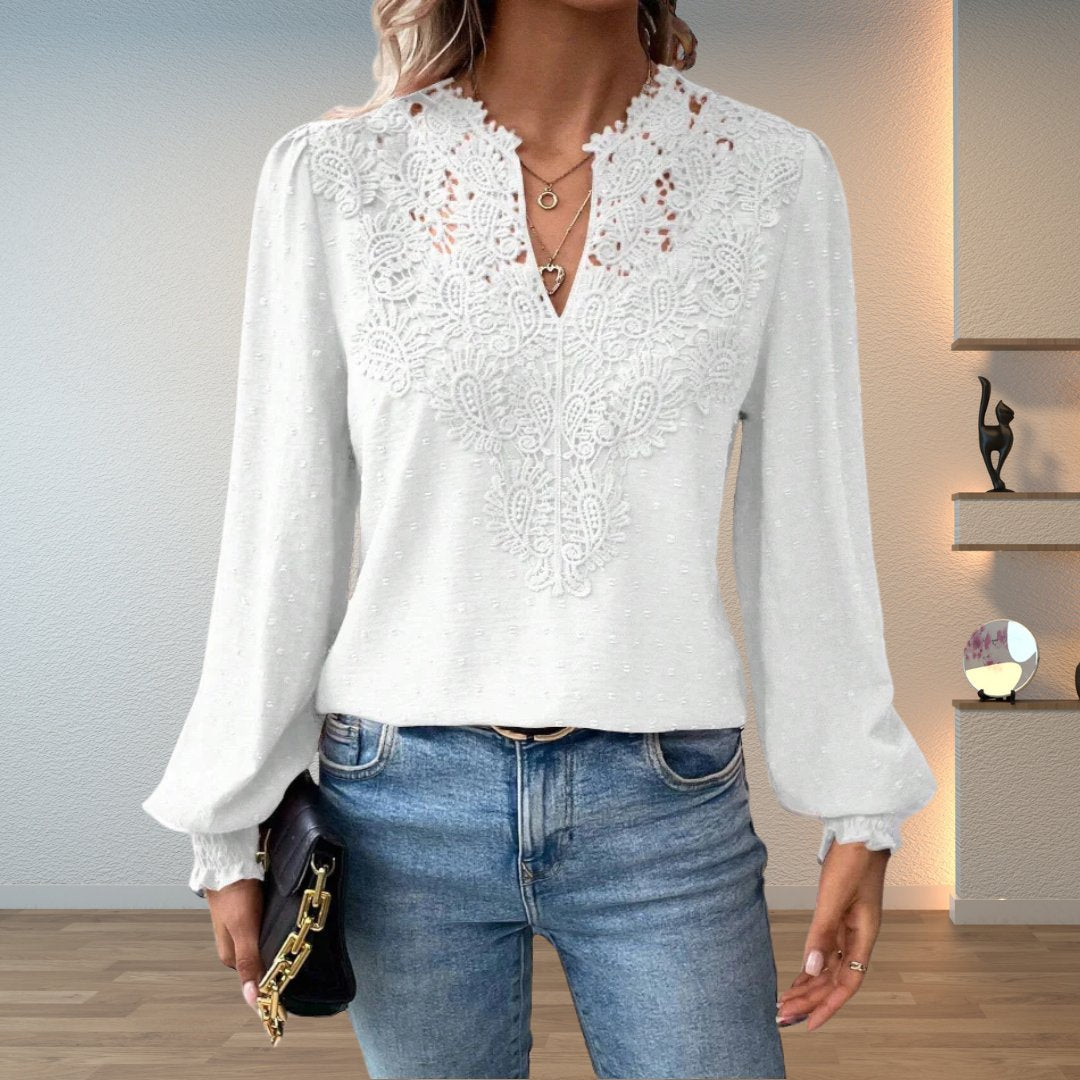 Women's Long Sleeve Blouse with Lace Bodice and Smocked Cuffs – White