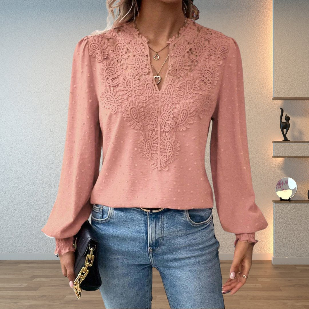 Women's Long Sleeve Blouse with Lace Bodice and Smocked Cuffs – Pink