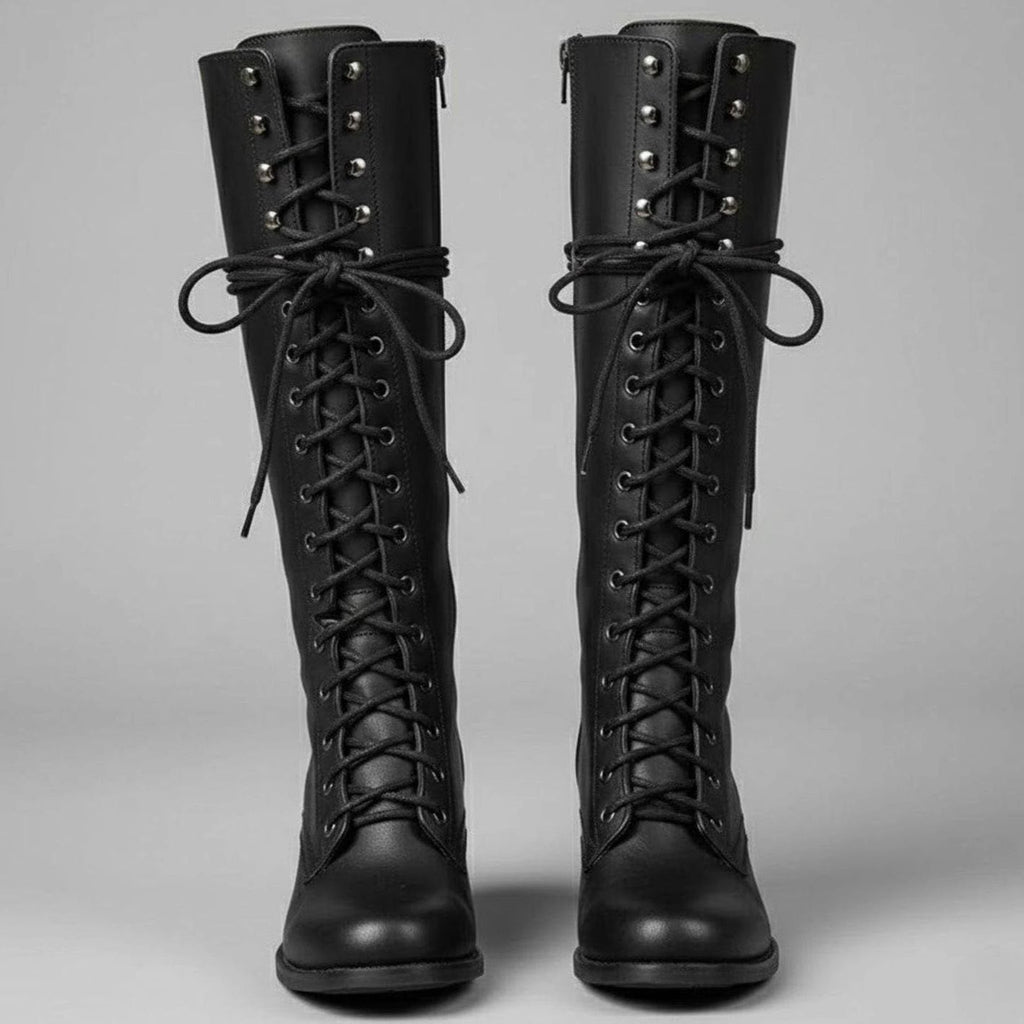 Women's Studded Knee-High Lace-Up Boots with Block Heel – Black