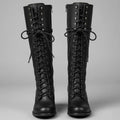 Women's Studded Knee-High Lace-Up Boots with Block Heel – Black