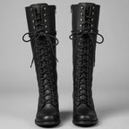 Women's Studded Knee-High Lace-Up Boots with Block Heel – Black