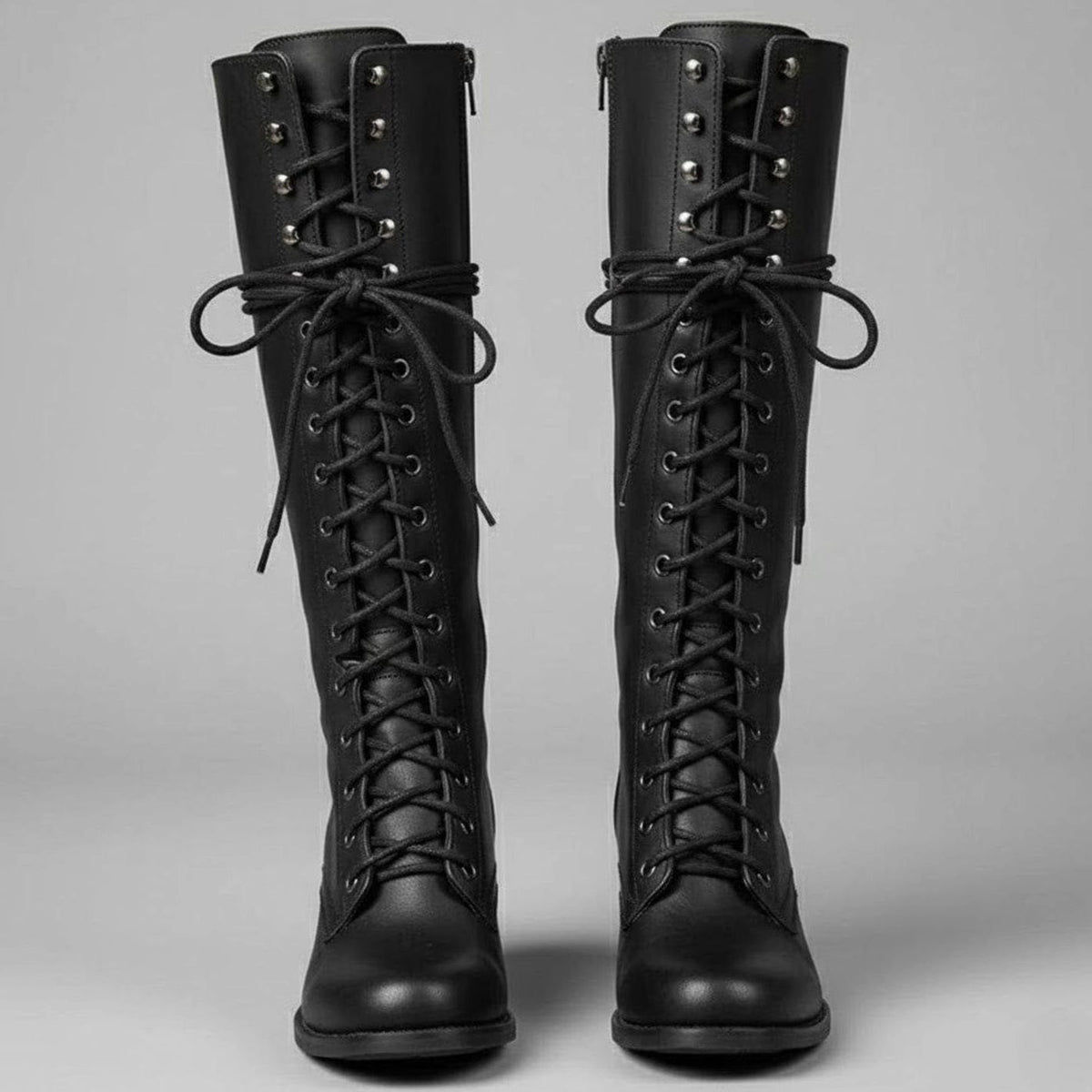 Women's Studded Knee-High Lace-Up Boots with Block Heel – Black