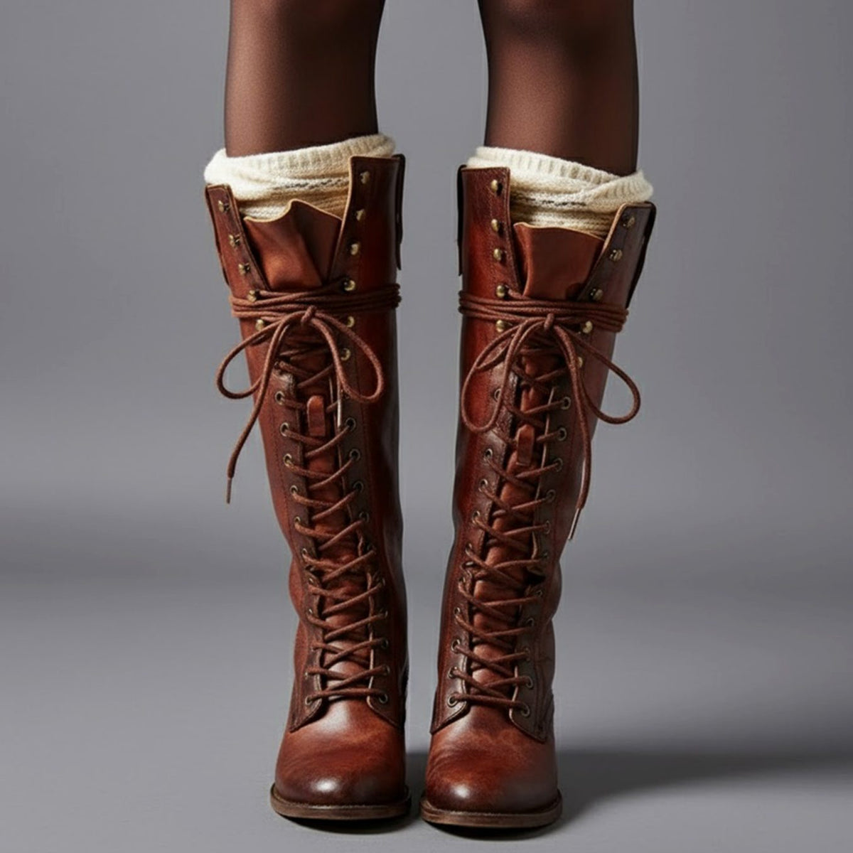 Women's Studded Knee-High Lace-Up Boots with Block Heel – Red Brown