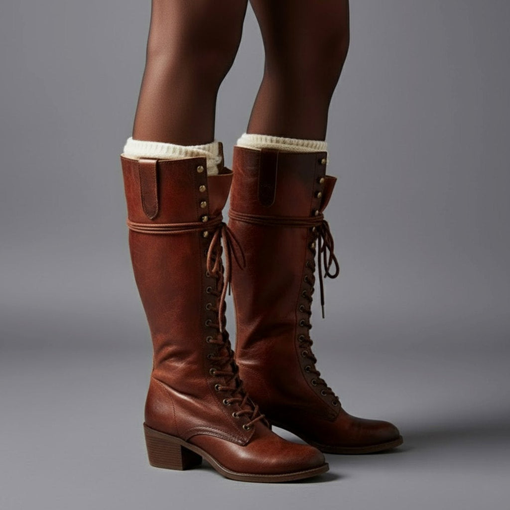 Women's Studded Knee-High Lace-Up Boots with Block Heel