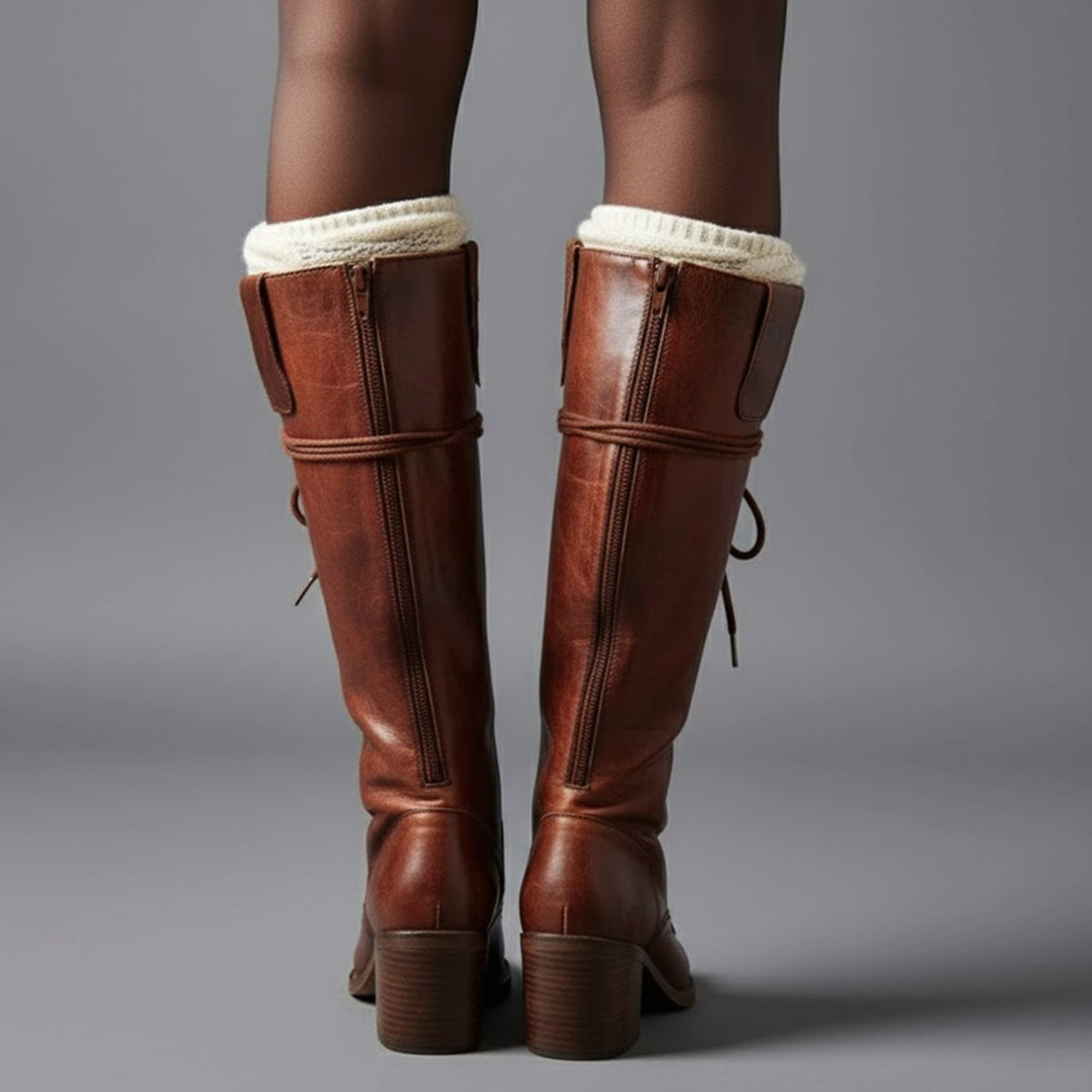 Women's Studded Knee-High Lace-Up Boots with Block Heel