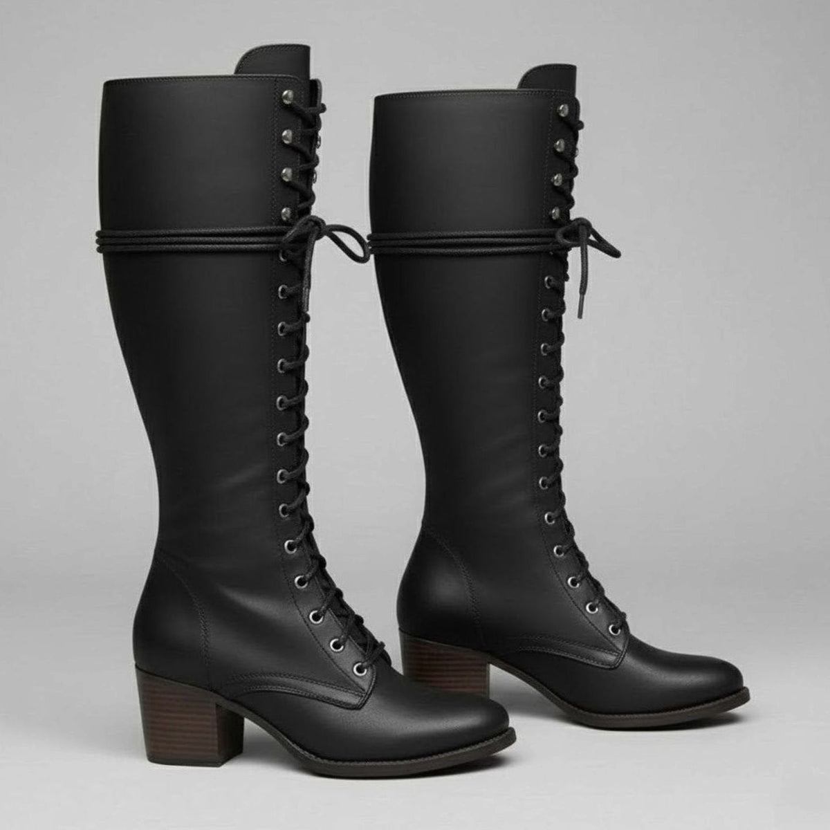 Women's Studded Knee-High Lace-Up Boots with Block Heel