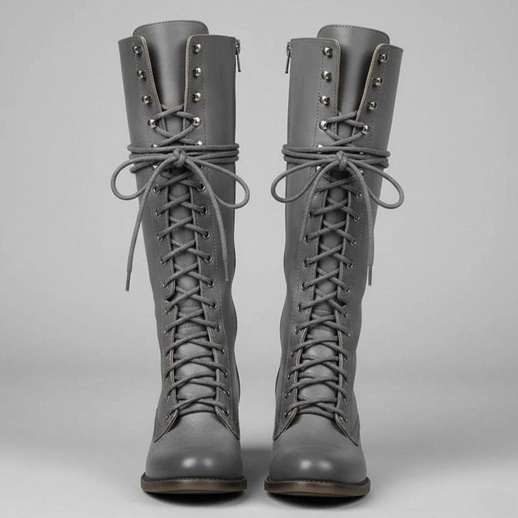 Women's Studded Knee-High Lace-Up Boots with Block Heel