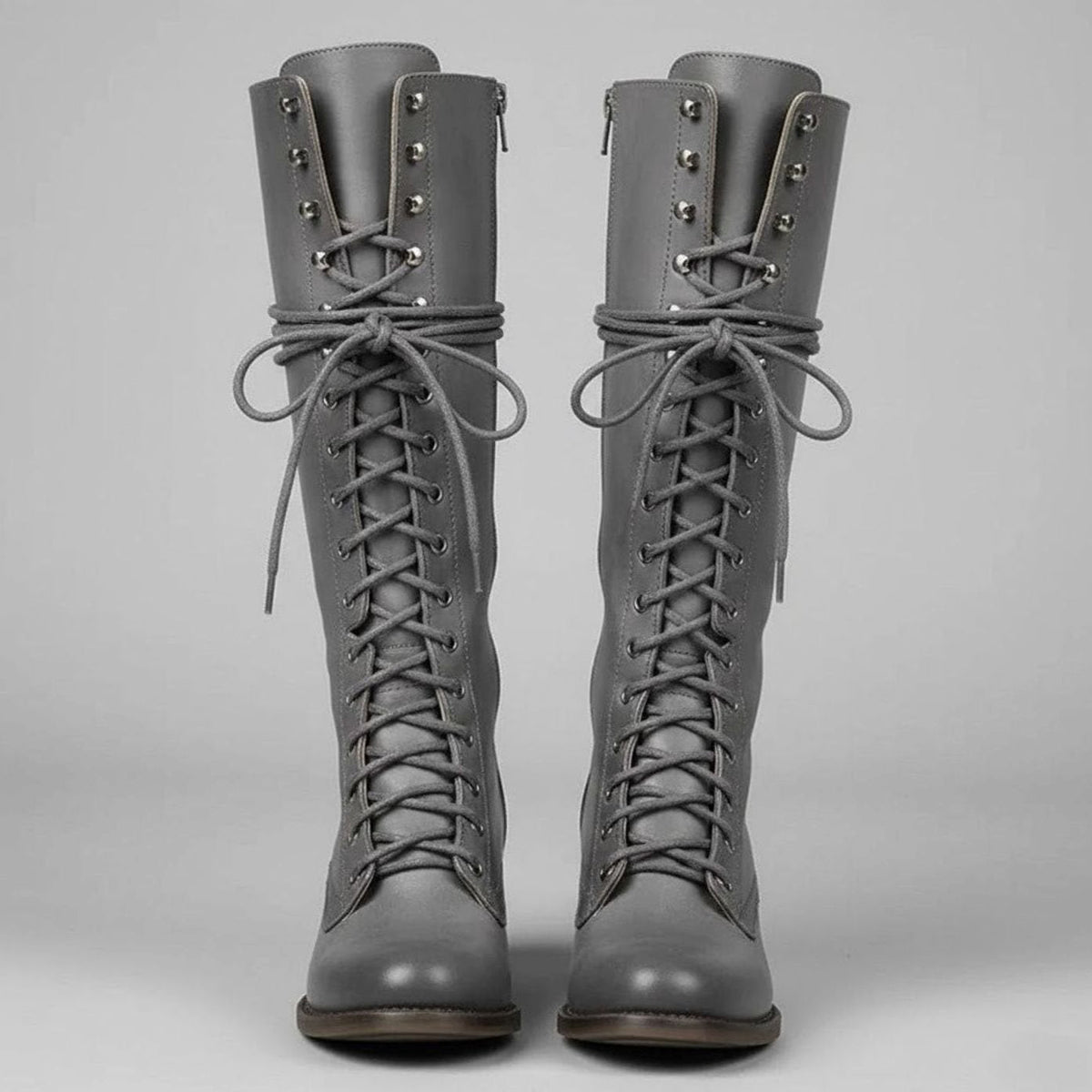 Women's Studded Knee-High Lace-Up Boots with Block Heel