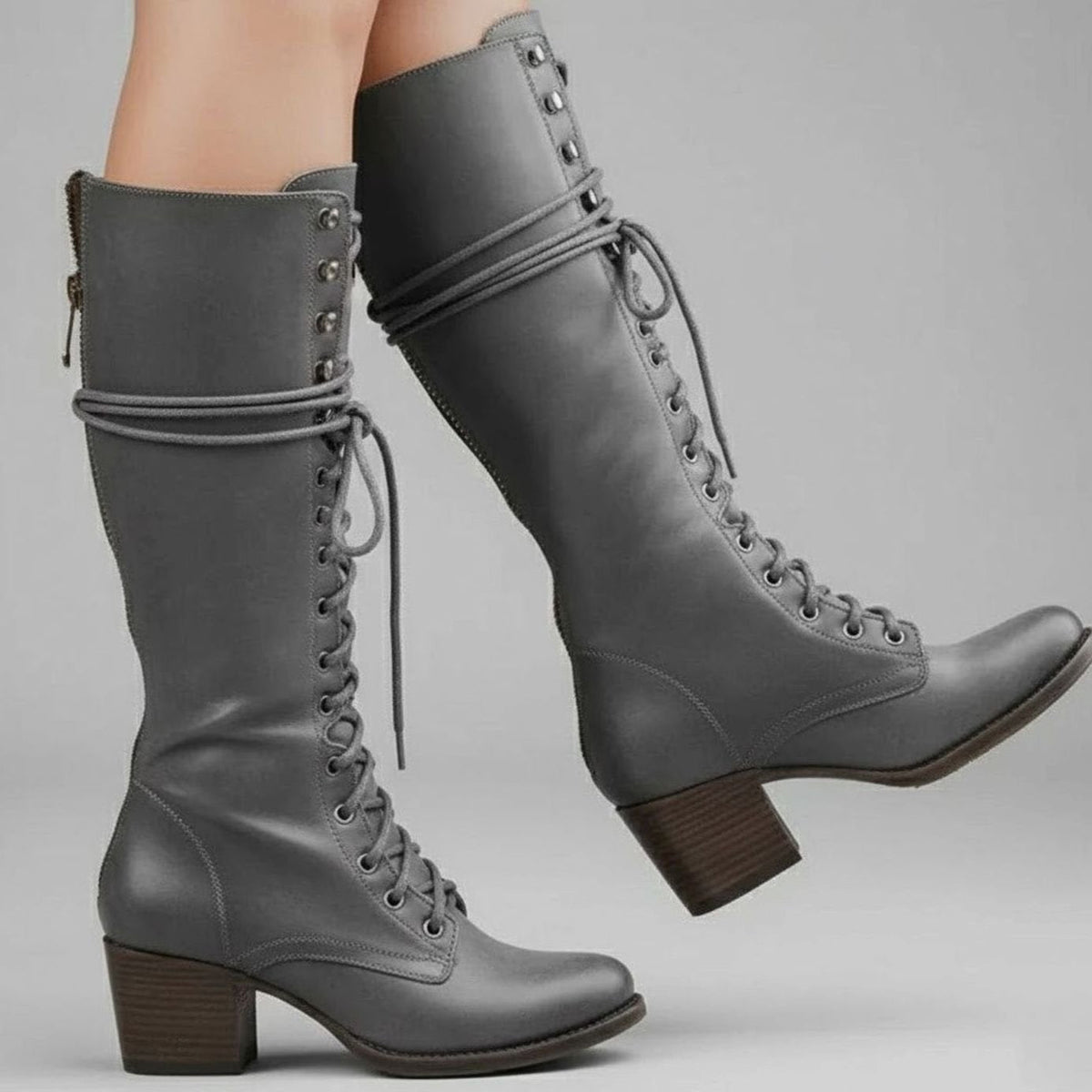 Women's Studded Knee-High Lace-Up Boots with Block Heel – Grey