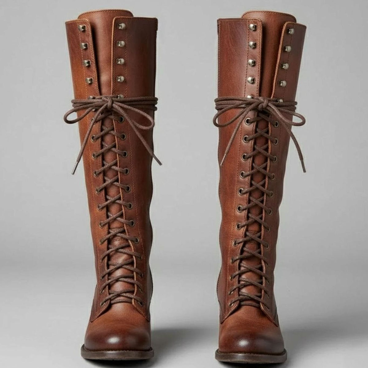Women's Studded Knee-High Lace-Up Boots with Block Heel – Brown