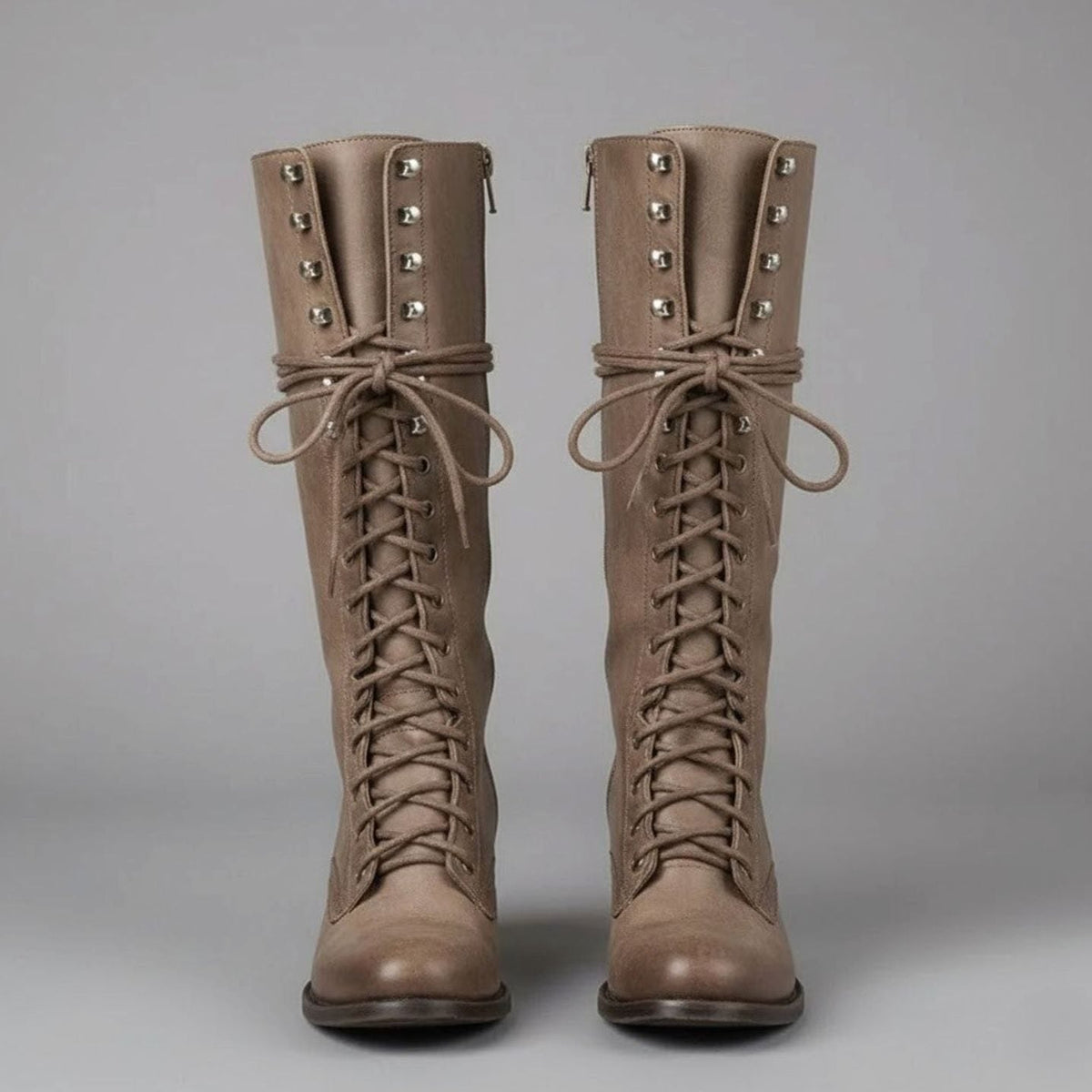Women's Studded Knee-High Lace-Up Boots with Block Heel – Khaki