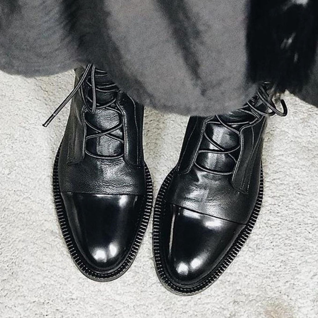 Women's Cap Toe Leather Ankle Boots with Laces