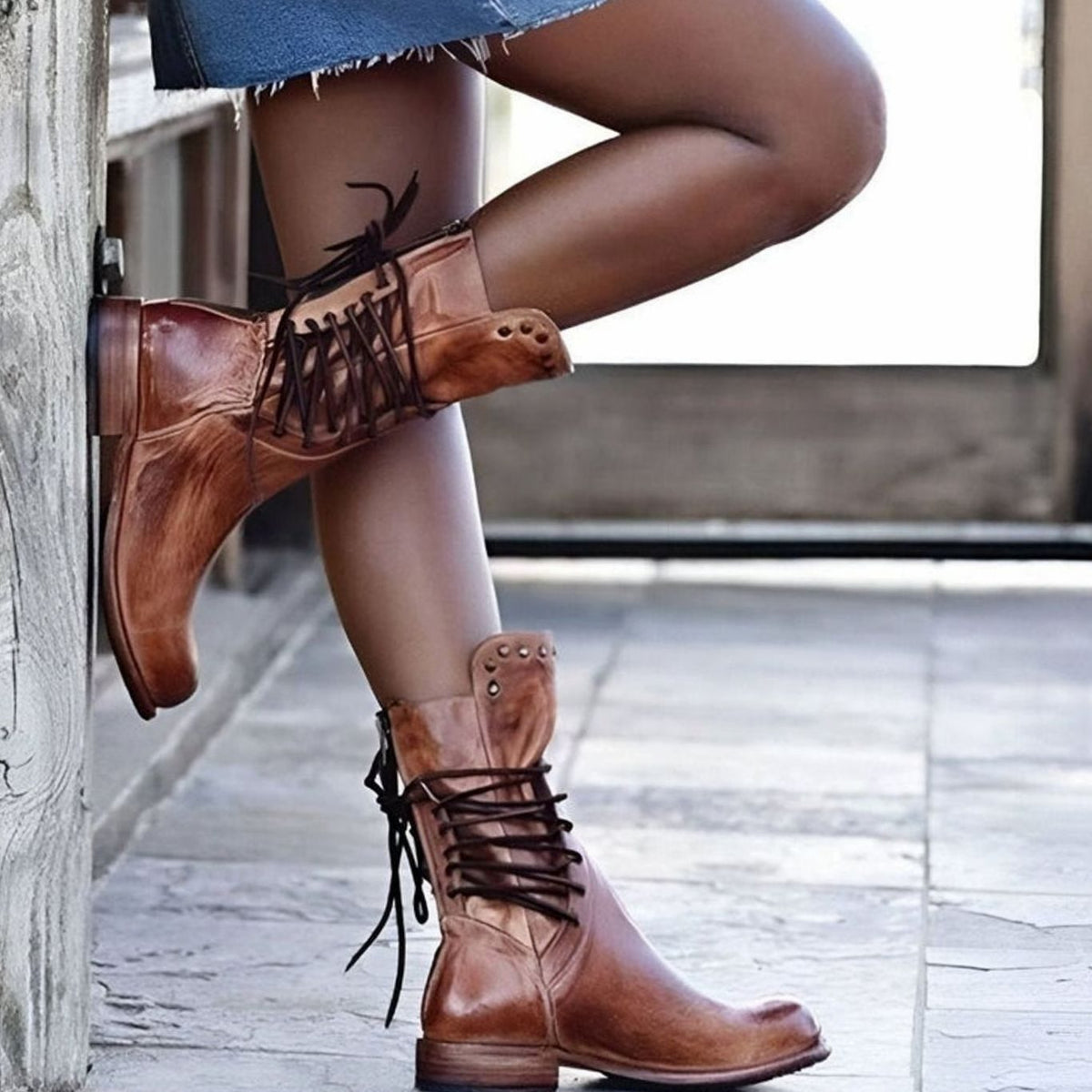 Women's Western Ankle Boots with Studded Cuff and Laces