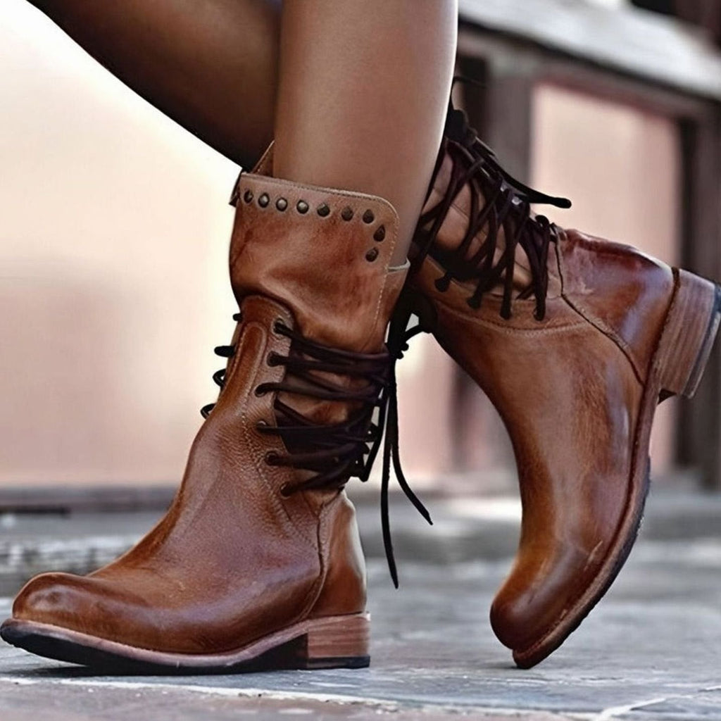 Women's Western Ankle Boots with Studded Cuff and Laces – Brown