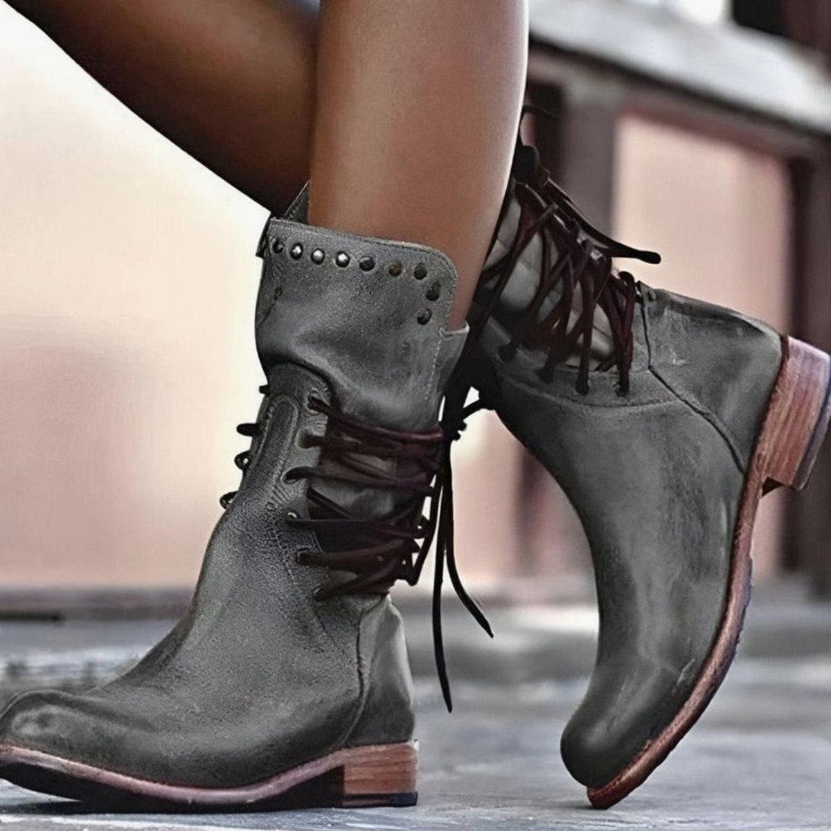 Women's Western Ankle Boots with Studded Cuff and Laces – Grey